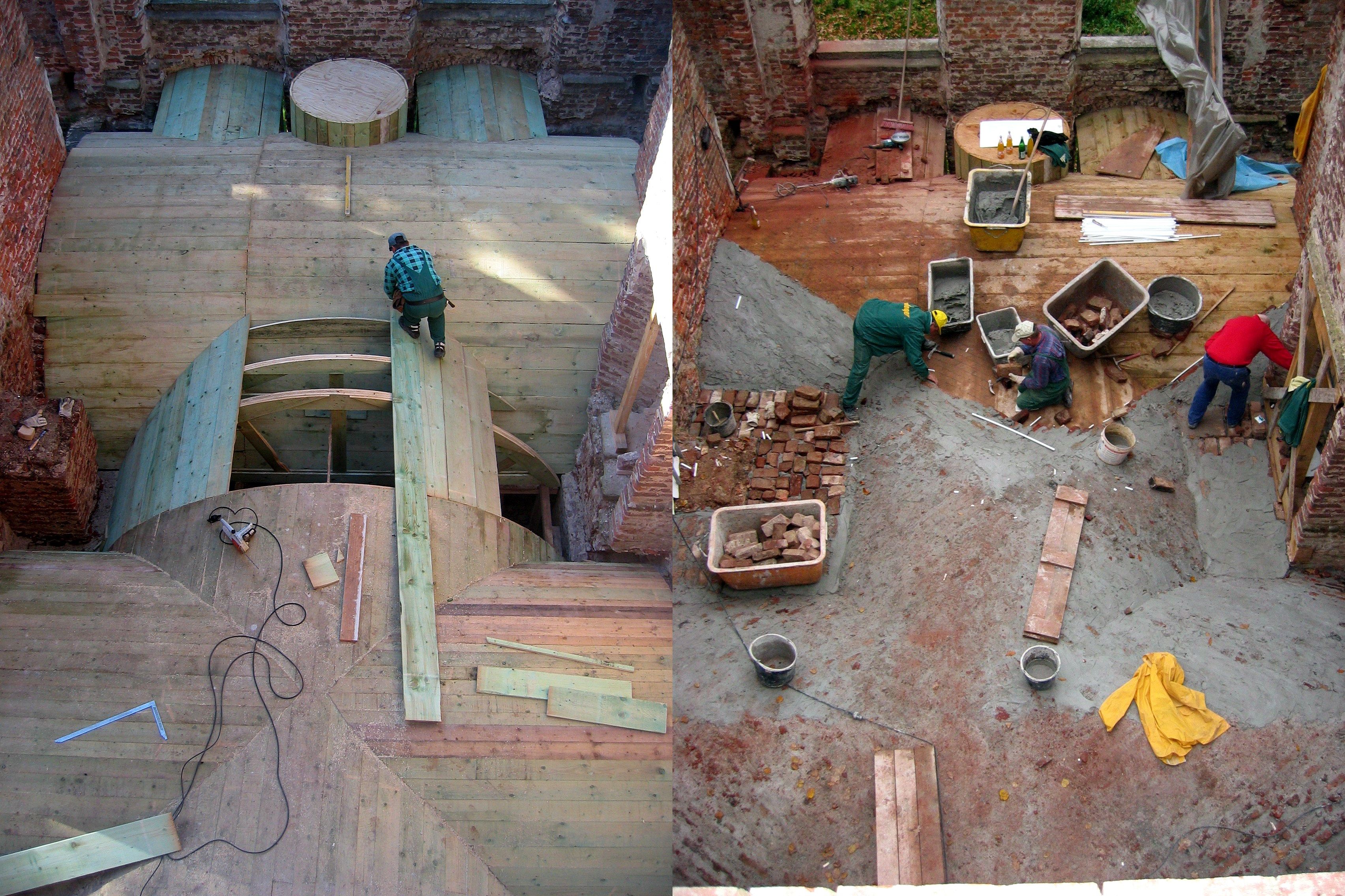 Wiederherstellung des historischen Kreuzgewölbes: Bau einer Holzschalung (links) und anschließende Vermauerung (rechts)